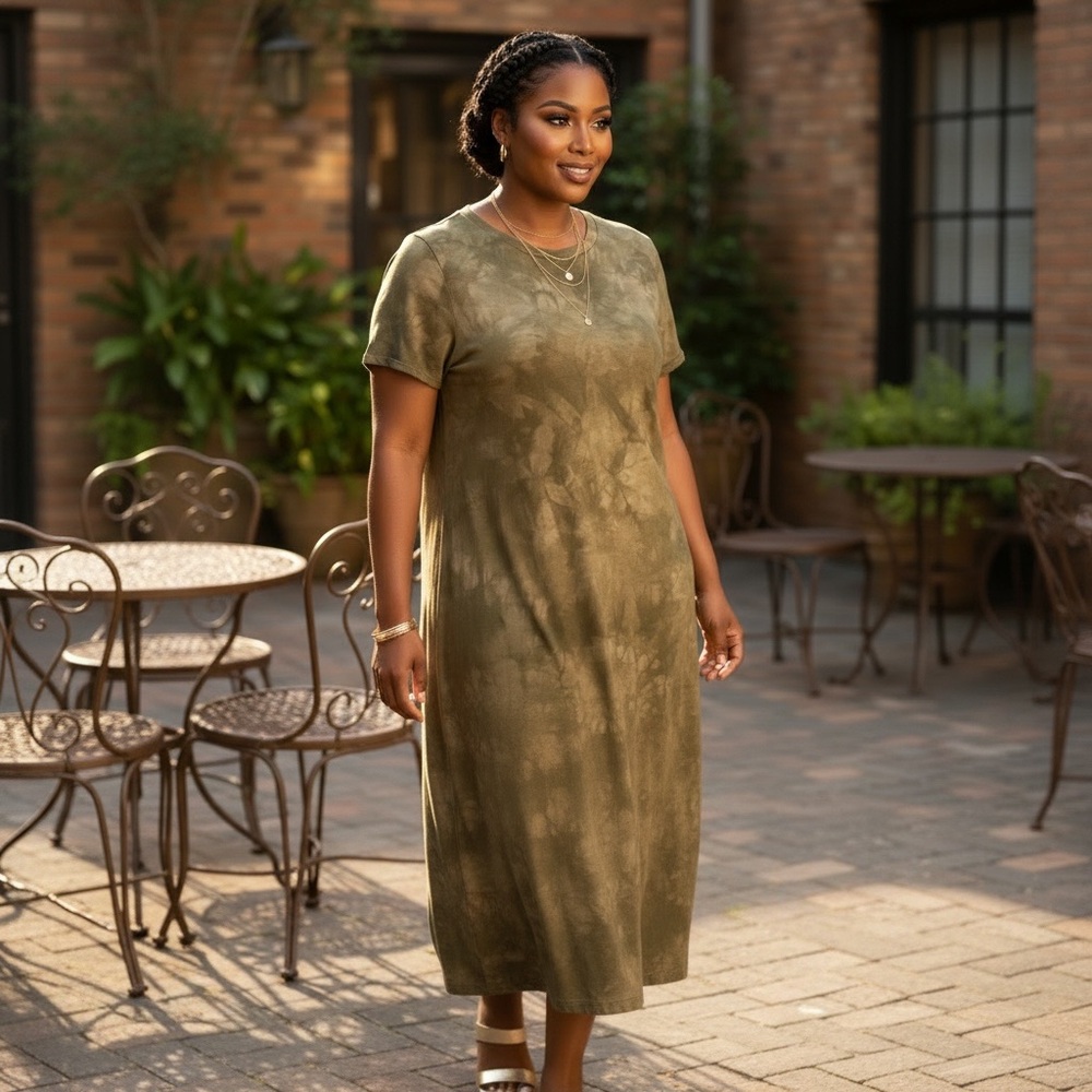 Olive green tie dye LulaRoe Maria short sleeve pull over knit maxi dress
